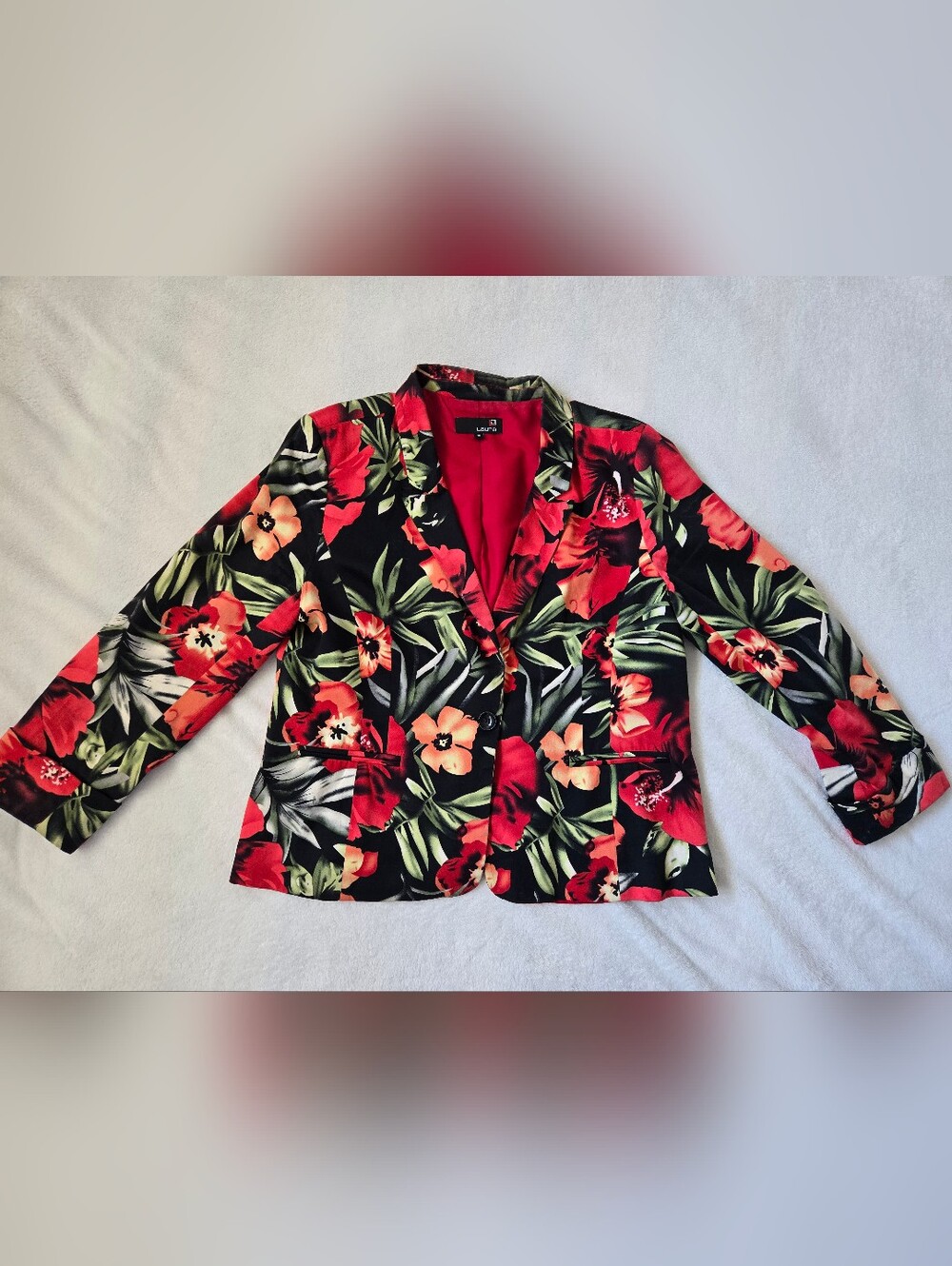 Floral Single-Button Blazer in Black with Red & Green Print